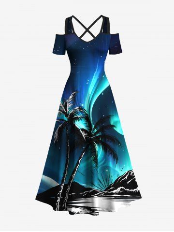 Plus Size Coconut Tree Sea Mountain Aurora Galaxy Print Cold Shoulder Crisscross Hawaii Maxi Dress - DEEP GREEN - XXS