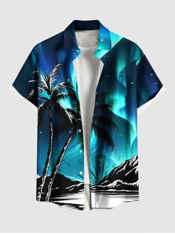 Plus Size Coconut Tree Sea Mountain Aurora Galaxy Print Buttons Pocket Hawaii Shirt For Men - GREEN - L