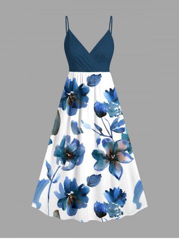 Plus Size Watercolor Flowers Print Surplice Hawaii Cami Dress - BLUE - XXS