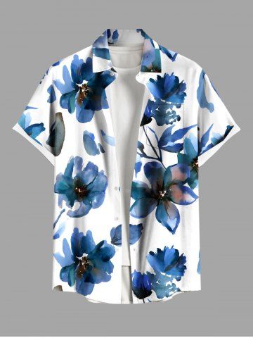 Plus Size Watercolor Flowers Print Buttons Pocket Hawaii Shirt For Men - BLUE - L