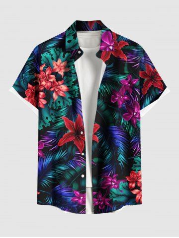 Plus Size Ombre Tropical Leaf Hibiscus Flower Print Hawaii Button Pocket Shirt For Men - BLACK - M