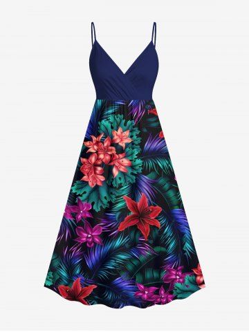 Plus Size Ombre Tropical Leaf Hibiscus Flower Print Hawaii Surplice A Line Cami Dress - DEEP BLUE - M