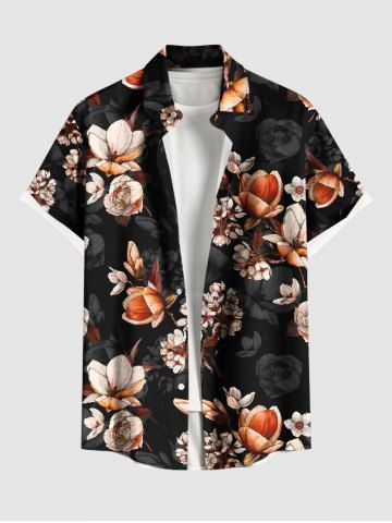 Plus Size Ombre Flower Branch Print Hawaii Button Pocket Shirt For Men - BLACK - M