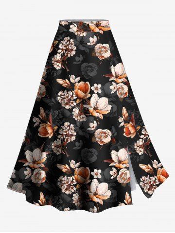 Plus Size Ombre Flower Branch Print Hawaii Split A Line Skirt - BLACK - S