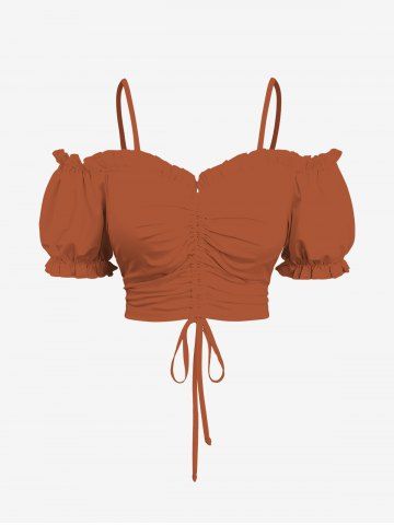 Plus Size Cold Shoulder Puff Sleeve Solid Cinched Top - DARK ORANGE - 4X