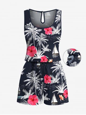 Plus Size Coconut Tree Hibiscus Flower Sea Sailboat Print Hawaii Drawstring Pocket Romper - BLACK - 3X