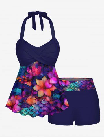 Ombre Mermaid Scale Flower Print Hawaii Twist Halter Backless Boyleg Tankini Swimsuit - DEEP BLUE - 6X