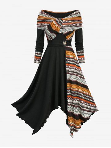 Ethnic Pattern Print Sun Buckle Twist Ruffles Turn Down Shoulder Asymmetrical Dress - BLACK - S