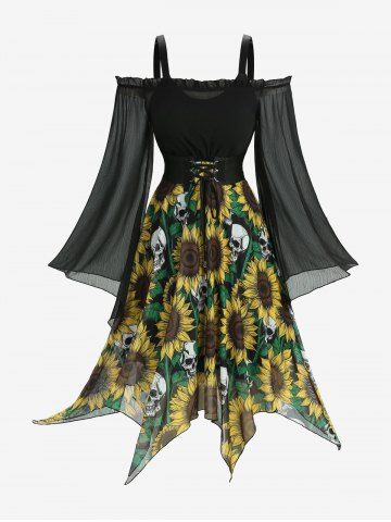 Sunflowers Skulls Print Lace Up Ruffles Cold Shoulder Sheer Flare Sleeves Asymmetrical Tank Dress - BLACK - M
