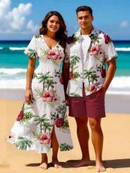 Hibiscus Flowers Leaf Tropical Print Plus Size Matching Hawaii Beach Outfit For Couples -  