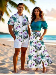 Tenue de plage hawaïenne assortie grande taille à imprimé feuilles tropicales et fleurs d'hibiscus pour couples - Vert 