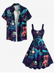 Shark Squid Jellyfish Print Plus Size Matching Hawaii Sea Creatures Beach Outfit For Couples -  