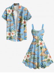 Tenue de plage hawaïenne assortie grande taille, motif cocotier, paysage marin, feuilles tropicales, fleurs d'hibiscus, pour couples - Bleu clair 