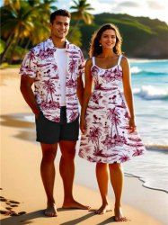 Tenue de plage hawaïenne assortie grande taille à imprimé cocotier et fleur d'hibiscus pour couple - Rouge 