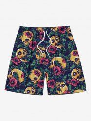 Short de plage grande taille pour homme, imprimé tête de mort, feuilles tropicales, hibiscus, fleurs, hawaïen, cordon de serrage, poches - Bleu M