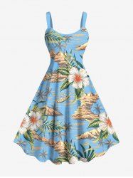 Robe trapèze hawaïenne grande taille à imprimé feuilles tropicales et fleurs d'hibiscus, motif cocotier et paysage marin - Bleu clair XXS