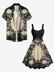 Tenue assortie grande taille à imprimé tête de mort et fleurs pour couples - café lumière 