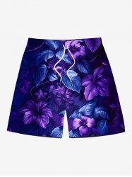 Short de plage hawaïen grande taille à imprimé feuilles et fleurs d'hibiscus pour homme - Bleu XL