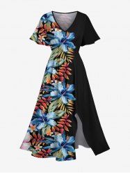 Robe mi-longue hawaïenne fendue à imprimé tropical et fleurs d'hibiscus, grande taille - Noir 2X