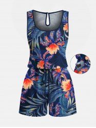 Combinaison hawaïenne cintrée grande taille à imprimé fleurs, pois et feuilles - Bleu 1X