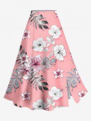 Jupe hawaïenne fendue grande taille à imprimé feuilles tropicales et fleurs d'hibiscus - Rose clair 1X