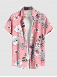 Plus Size Hibiscus Flower Tropical Leaf Print Buttons Pocket Hawaii Shirt For Men -  