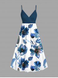 Robe camisole hawaïenne grande taille à imprimé floral aquarelle et surplis - Bleu L
