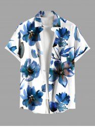 Plus Size Watercolor Flowers Print Buttons Pocket Hawaii Shirt For Men -  
