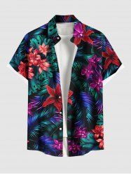 Plus Size Ombre Tropical Leaf Hibiscus Flower Print Hawaii Button Pocket Shirt For Men -  