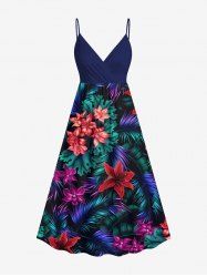 Robe camisole trapèze à imprimé feuilles tropicales et fleurs d'hibiscus, grande taille, style hawaïen - Bleu profond XS