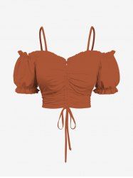 Plus Size Cold Shoulder Puff Sleeve Solid Cinched Top -  