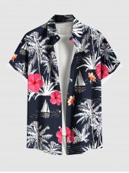 Plus Size Coconut Tree Hibiscus Flower Sea Sailboat Print Hawaii Button Pocket Shirt For Men -  