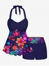 Ombre Mermaid Scale Flower Print Hawaii Twist Halter Backless Boyleg Tankini Swimsuit -  