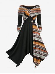 Robe asymétrique à imprimé ethnique, boucle soleil, volants torsadés et épaules dénudées - Noir M