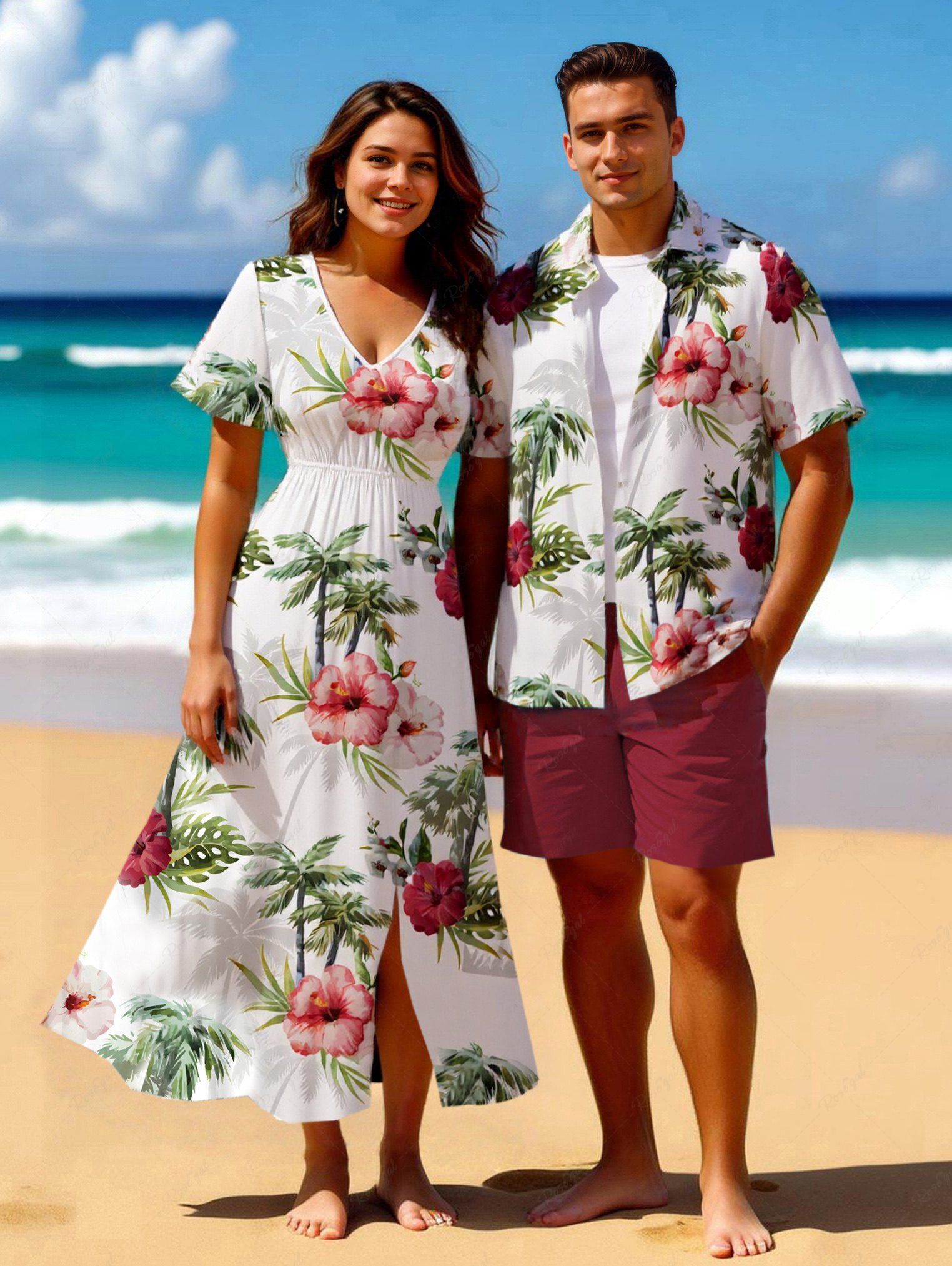 Sale Hibiscus Flowers Leaf Tropical Print Plus Size Matching Hawaii Beach Outfit For Couples  