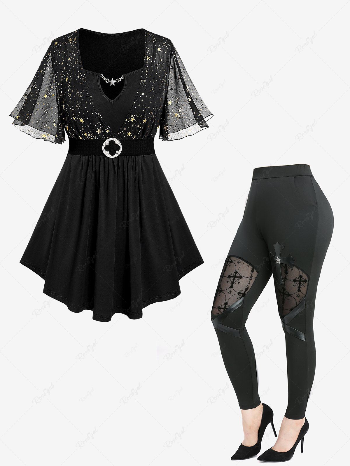 Chic Star Print Chain Panel Belted T-Shirt and Cross Flocking Mesh Patchwork PU Leather Leggings Plus Size Outfit  