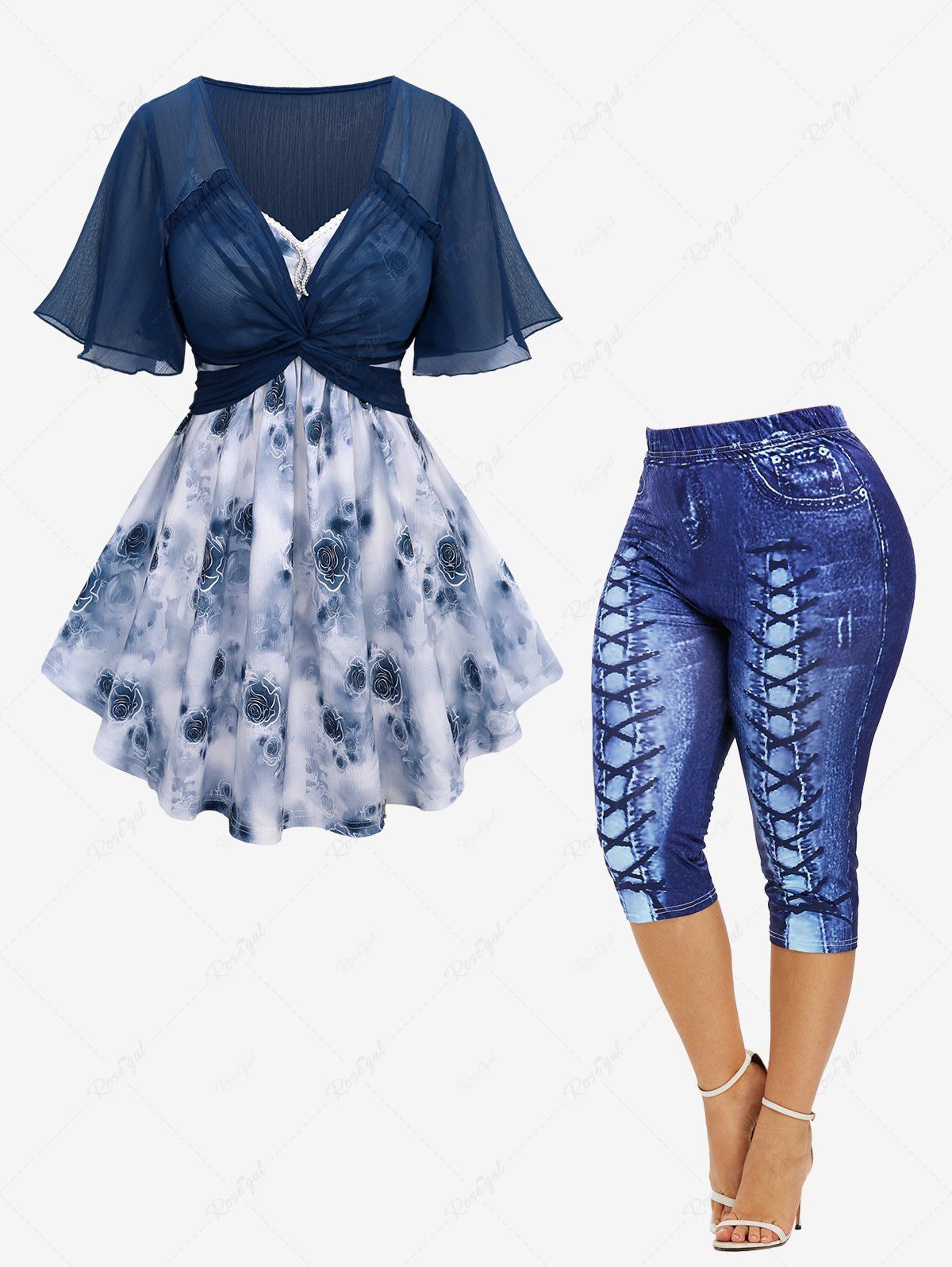 Outfit Watercolor Rose Print Lace Trim Cami Top and Twist Blouse and 3D Lace-up Jean Printed Capri Leggings Plus Size Outfit  