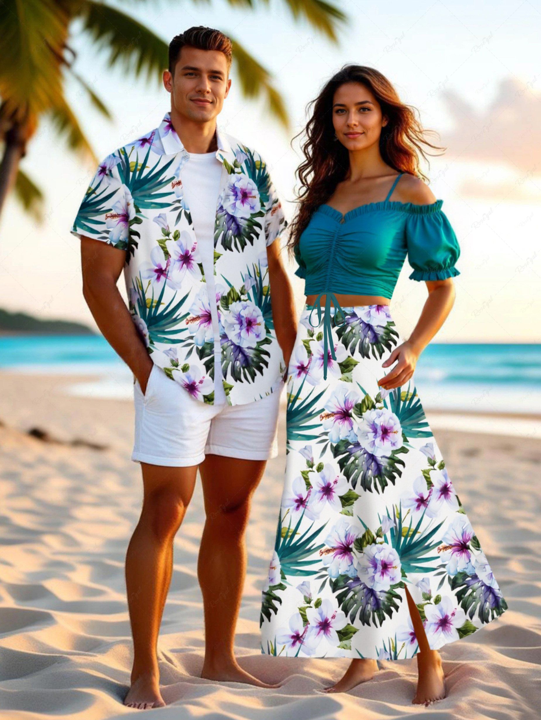 Tenue de plage hawaïenne assortie grande taille à imprimé feuilles tropicales et fleurs d'hibiscus pour couples Vert 
