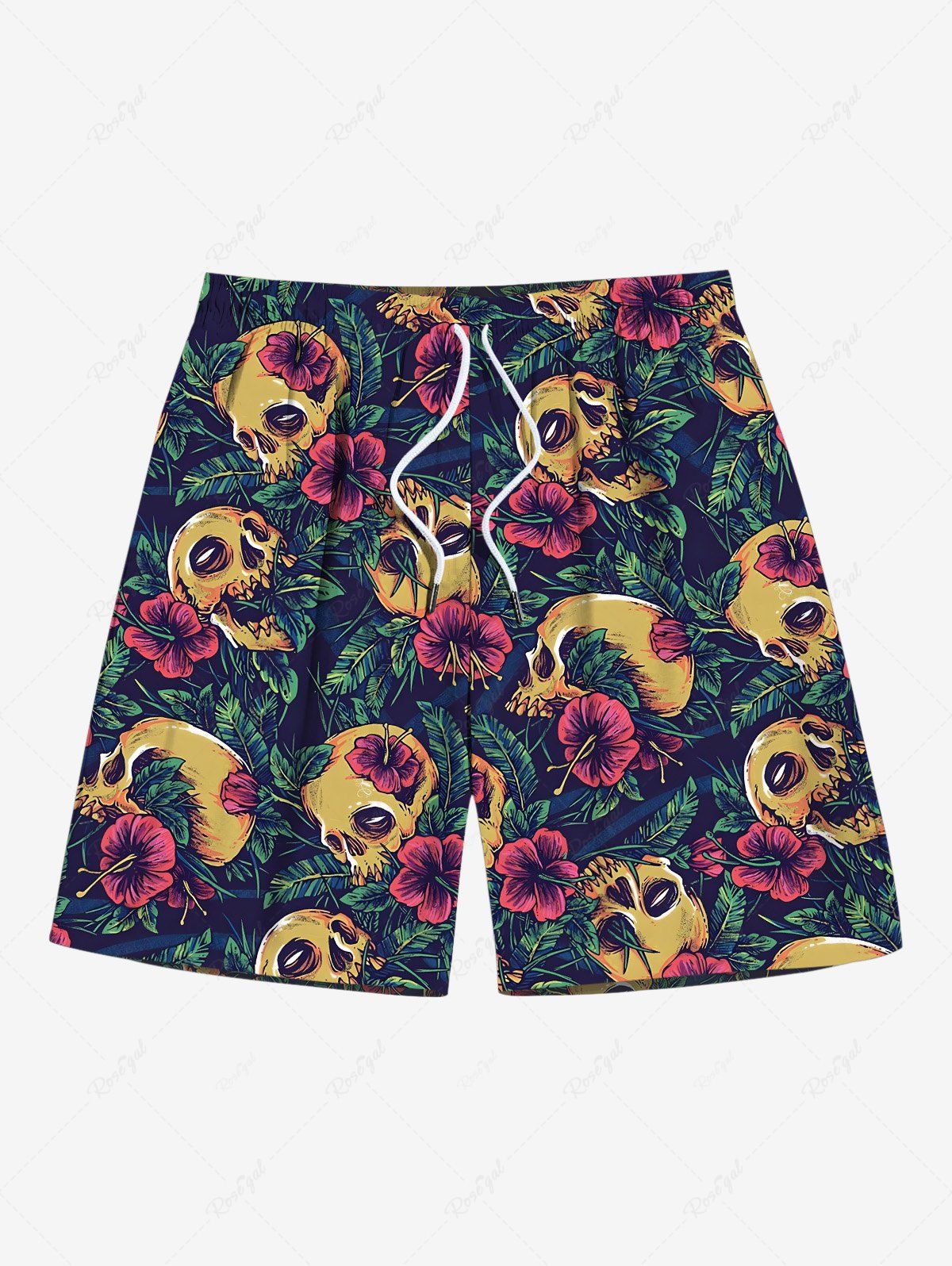 Shops Plus Size Skull Tropical Leaf Hibiscus Flower Print Hawaii Drawstring Pocket Beach Shorts For Men  