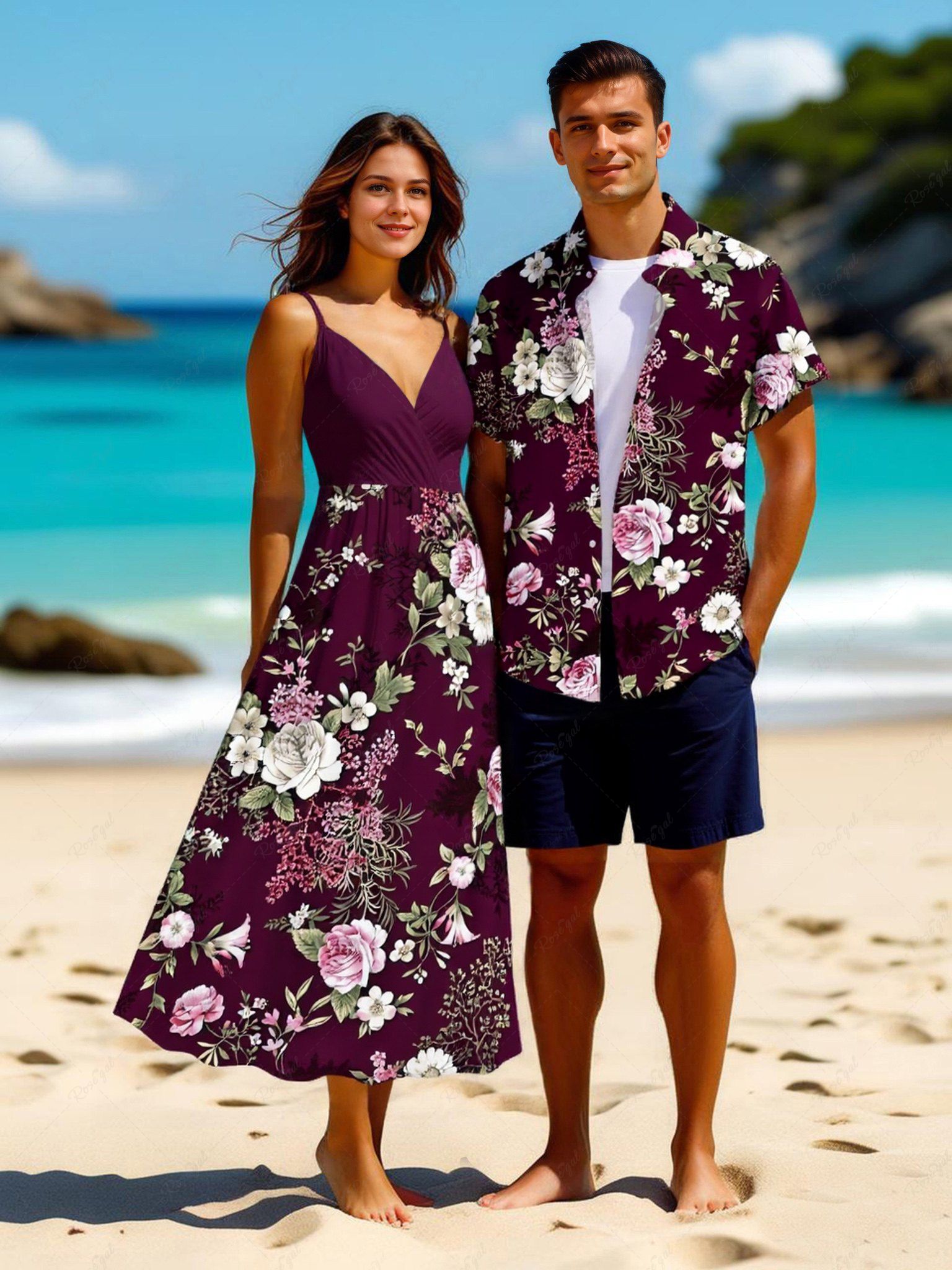 Tenue de plage hawaïenne assortie grande taille à imprimé floral et branches pour couples Rouge foncé 