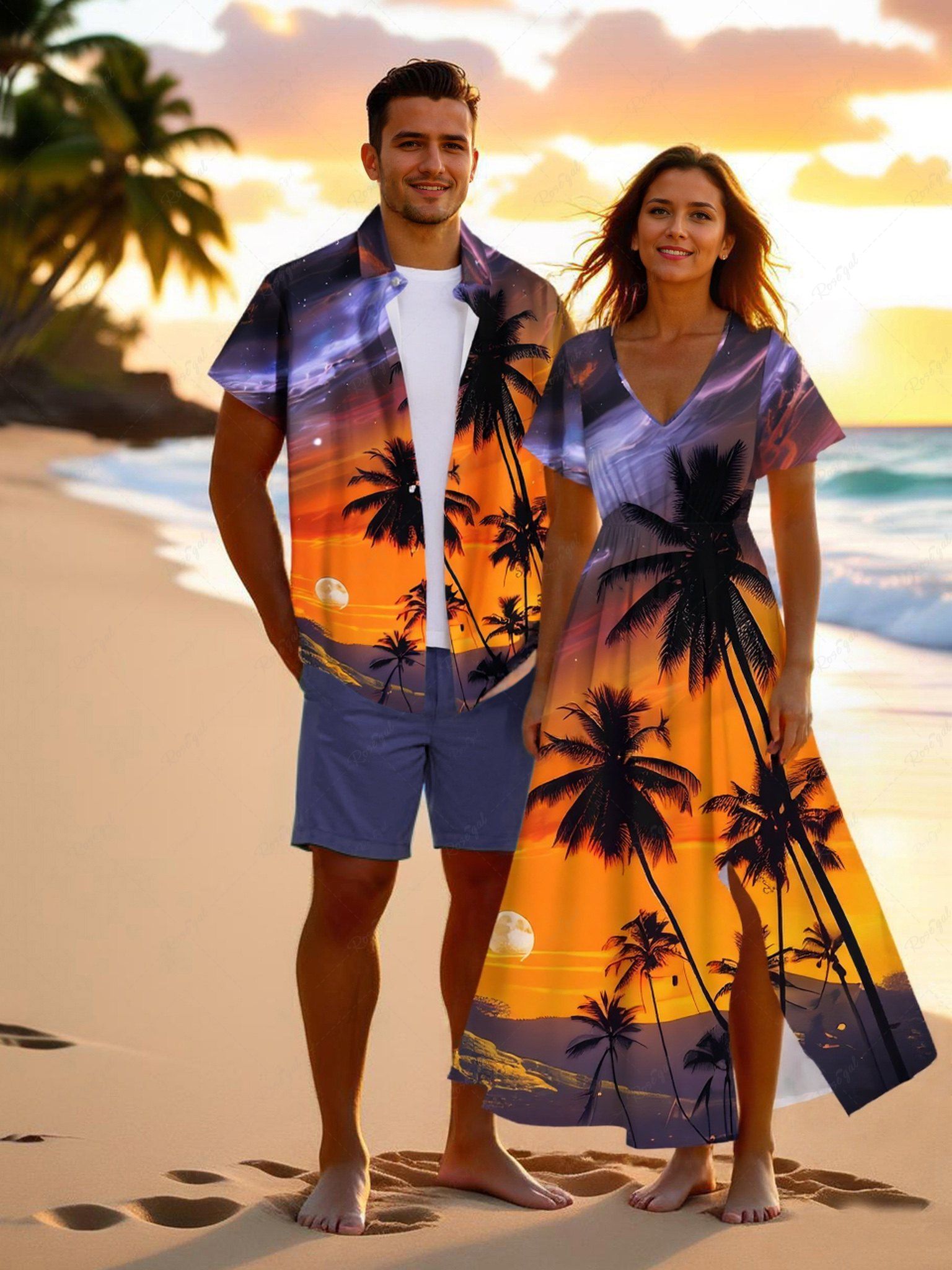 Affordable Coconut Tree Sunset Galaxy Print Plus Size Matching Hawaii Beach Outfit For Couples  