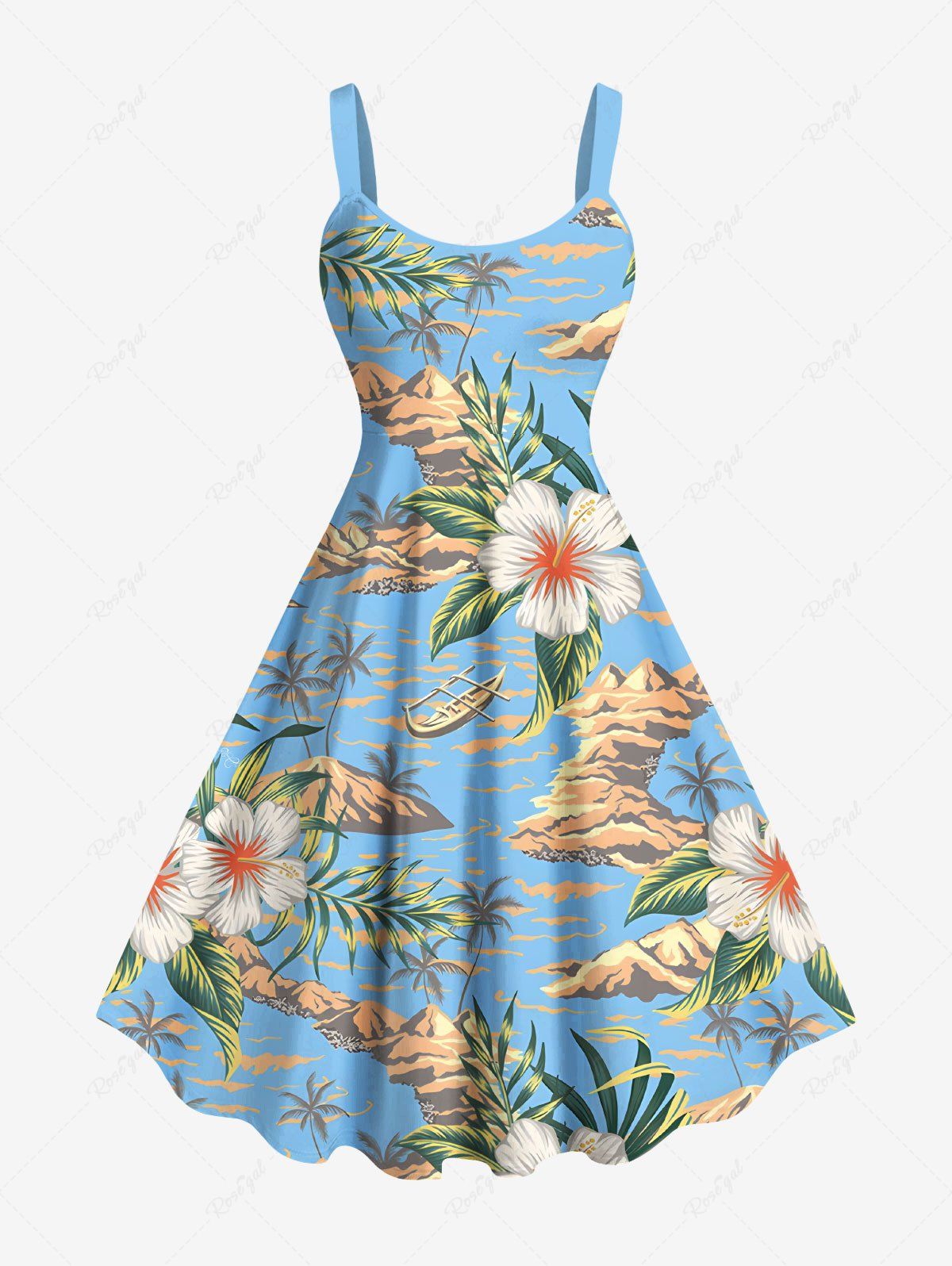 Robe trapèze hawaïenne grande taille à imprimé feuilles tropicales et fleurs d'hibiscus, motif cocotier et paysage marin Bleu clair XXS