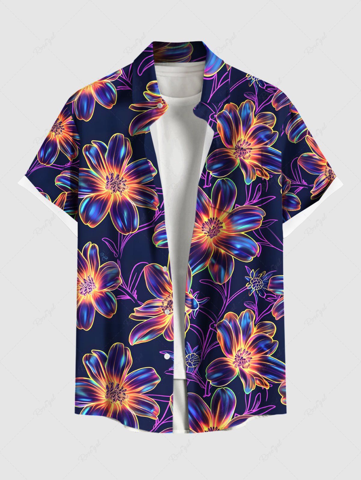Cheap Plus Size Colorful Ombre Flower Print Hawaii Button Pocket Shirt For Men  
