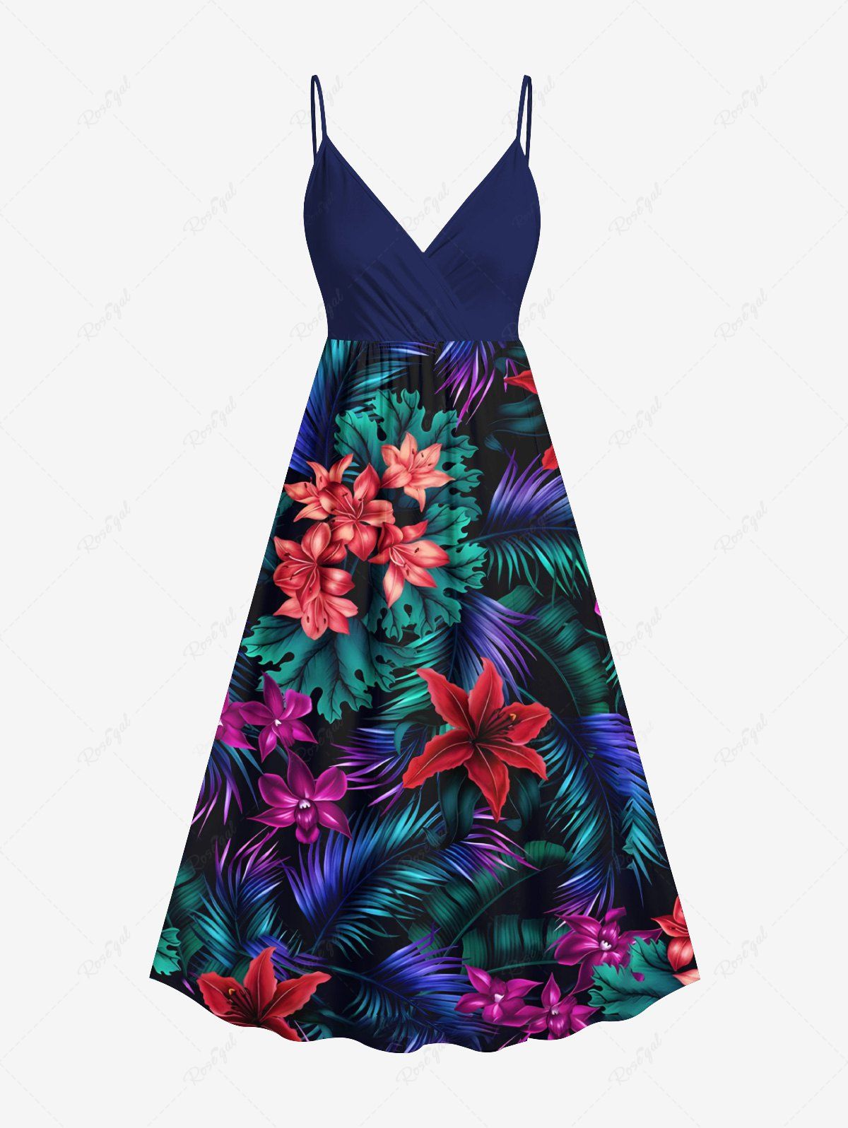 Store Plus Size Ombre Tropical Leaf Hibiscus Flower Print Hawaii Surplice A Line Cami Dress  