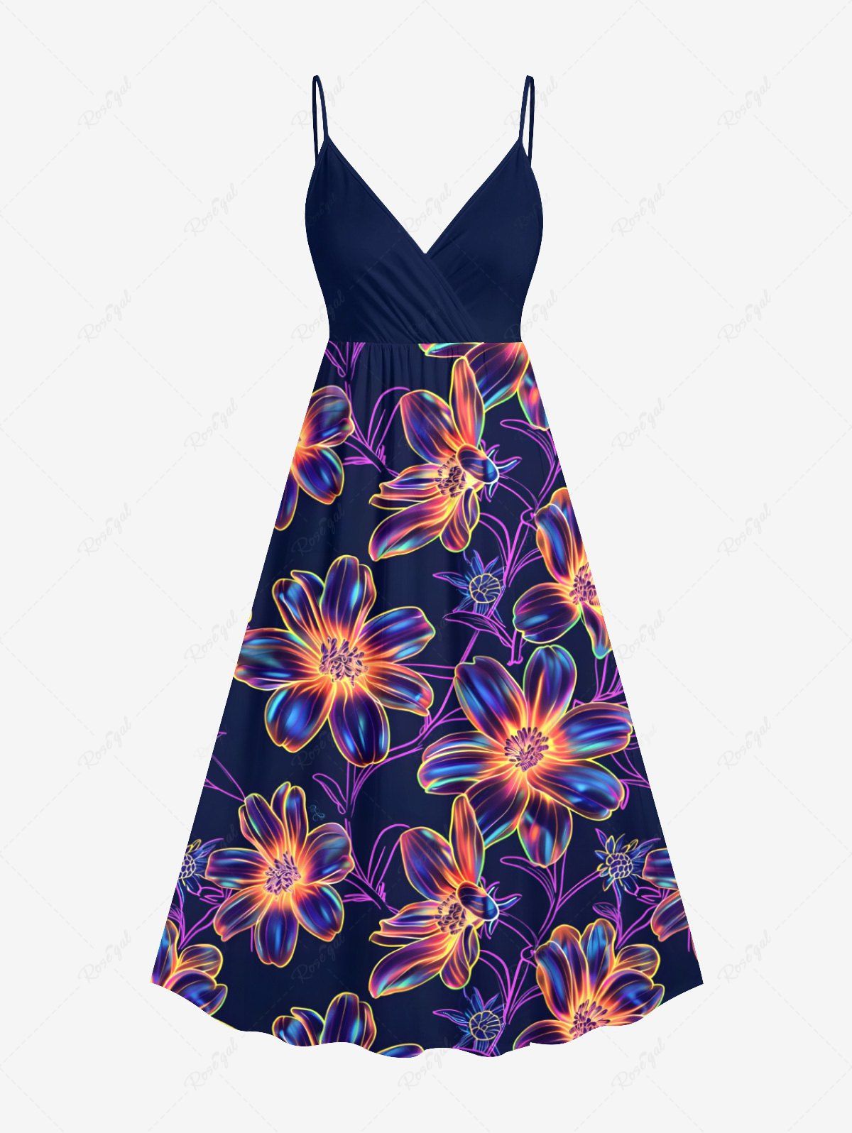 Unique Plus Size Colorful Ombre Flower Print Hawaii Surplice A Line Cami Dress  
