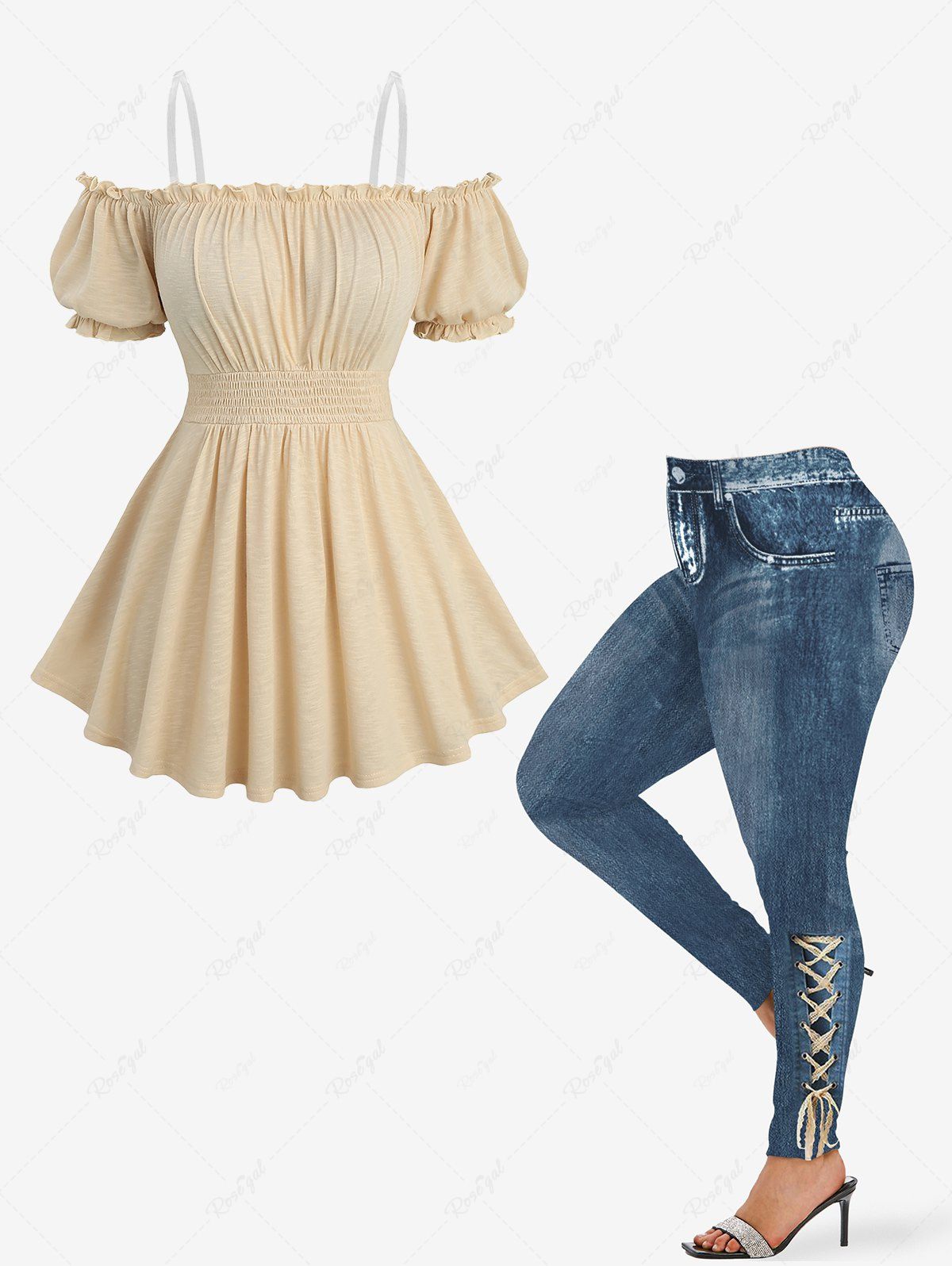 Sale Ruched Bust Elastic Waist Top and 3D Lace Lace-up Ombre Denim Print Leggings Plus Size Outfit  