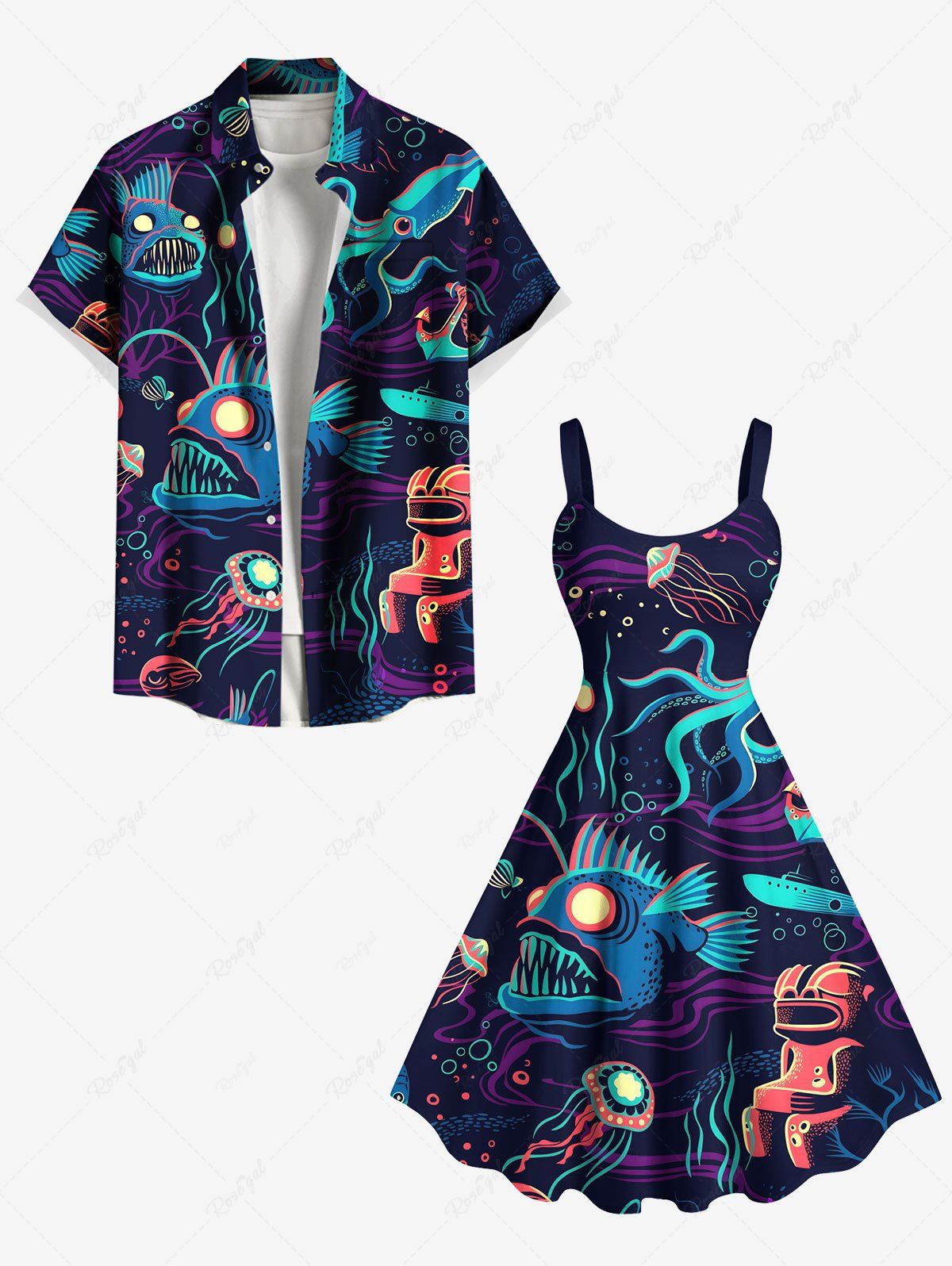Cheap Shark Squid Jellyfish Print Plus Size Matching Hawaii Sea Creatures Beach Outfit For Couples  