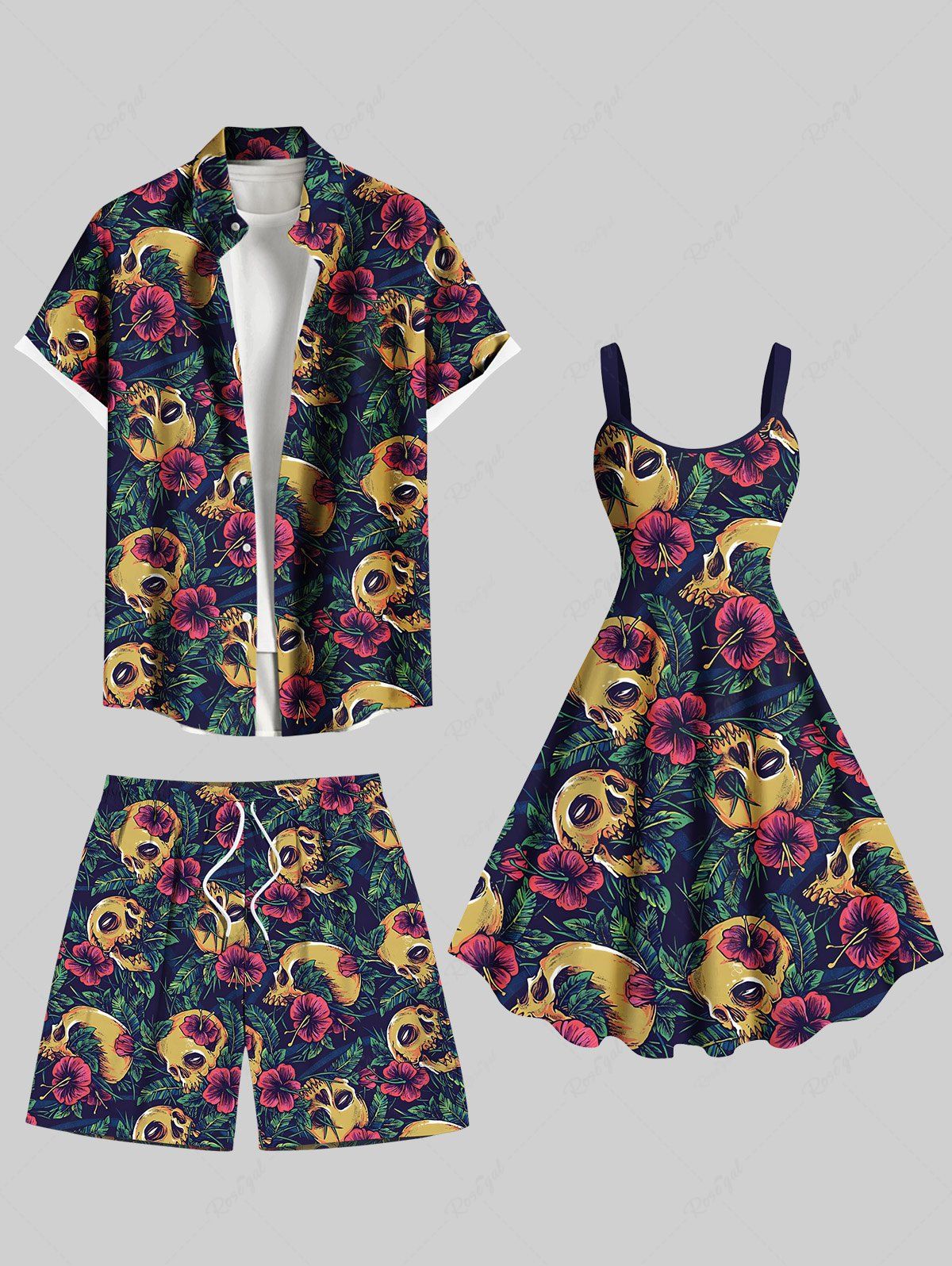 Discount Skull Tropical Leaf Hibiscus Flower Print Plus Size Matching Hawaii Beach Outfit For Couples  
