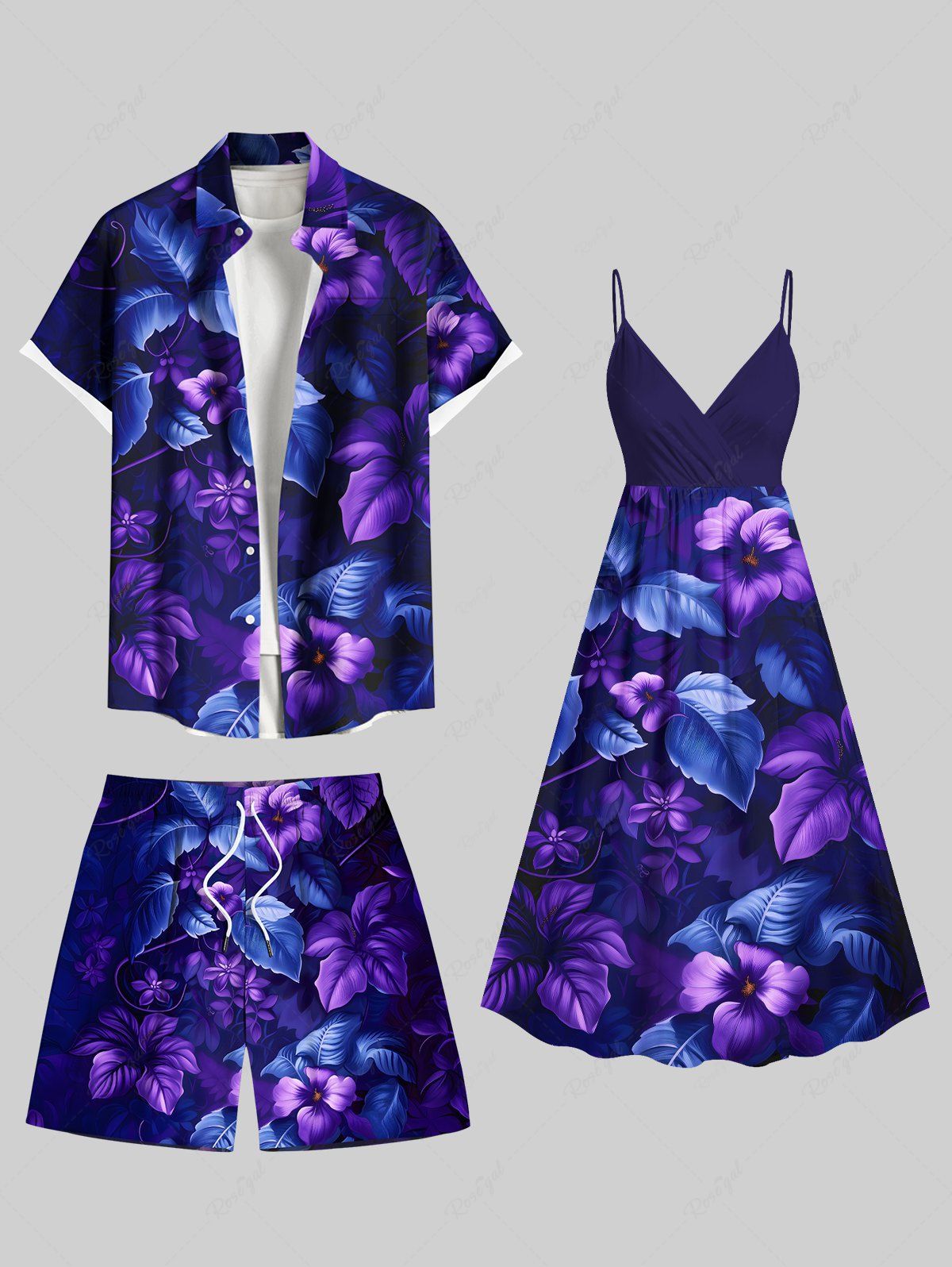 Cheap Hibiscus Flowers Leaf Tropical Print Plus Size Matching Hawaii Beach Outfit For Couples  