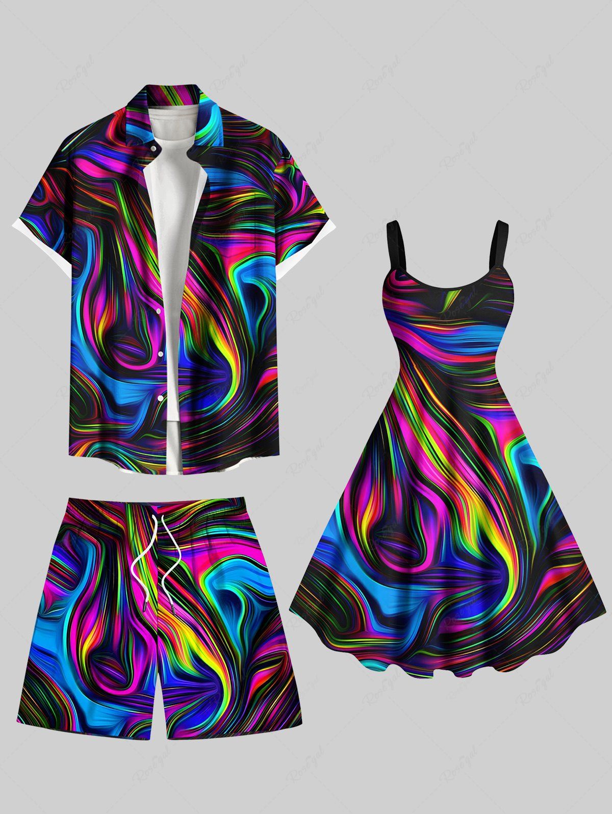 Store Colorful Ocean Currents Print Plus Size Matching Hawaii Beach Outfit For Couples  